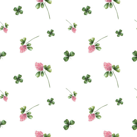 Seamless clover pattern with green leaves. Watercolor pattern, hand drawn, on a white background. Botanical illustration of field herbs and flowers. Meadow plants. For decor, wedding, cards, printingの写真素材
