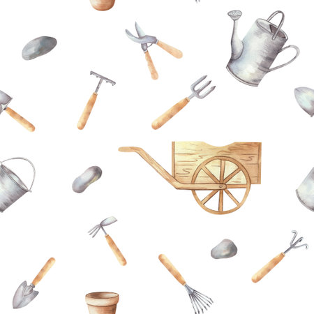 Seamless pattern with garden tools, wheelbarrow, rake, shovel, watering can, pot for seedlings. Watercolor illustration on a white background. For printing, wrapping paper, shops, ecologyの写真素材