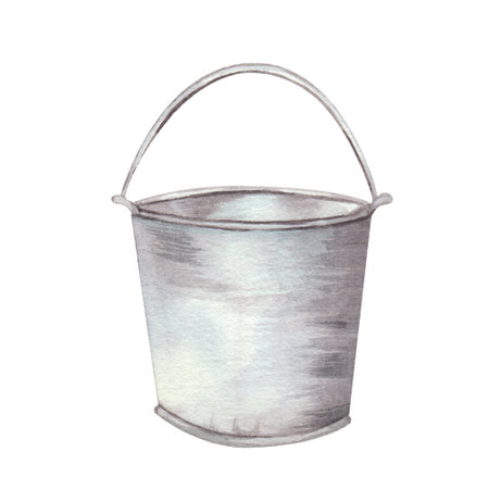 Metal water bucket. Empty. Hand-painted watercolor illustration, isolated on white background. A water container for watering plants and taking care of the gardenの写真素材