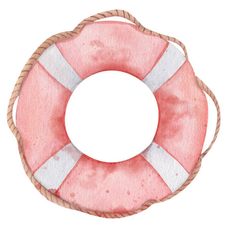 Lifebuoy with ropes. Watercolor illustration of a classic life preserver. Hand drawn nautical theme element with red and white stripes, perfect for nautical theme and coastal decorの写真素材
