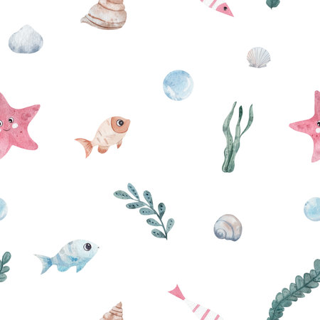 Seamless watercolor pattern with marine elements, seashell, and fish, starfish, and bubbles, water, seaweed. Hand drawn, white background, childrens illustration.の写真素材