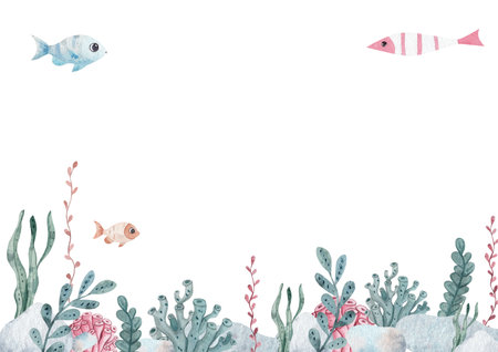 Watercolor rectangle template with fish, seaweed and bubbles. white background. Hand drawn nautical frame with space for text is perfect for invitations, childrens artwork or ocean themed projects.の写真素材