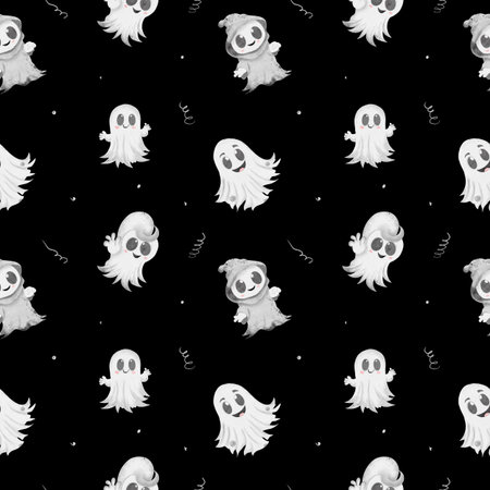 Seamless watercolor pattern with cheerful ghosts on a black background. Cute and playful childrens illustration, perfect for Halloween designs, textiles, wrapping paper, and festive decorations.の写真素材