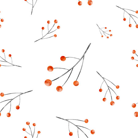 Hand-drawn abstract watercolor pattern with delicate twigs and vibrant orange berries on white background. Perfect for nature-inspired designs, decor, wedding stationery, and organic branding.の写真素材