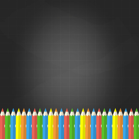 Template with space for text. Black chalkboard and colorful pencils below. Vector illustration for school design, banners, ads, and projectsのイラスト素材