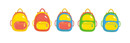 Set of colorful school backpacks: yellow, red, blue, and green. Vector illustration on a white background. School supplies and education conceptのイラスト素材