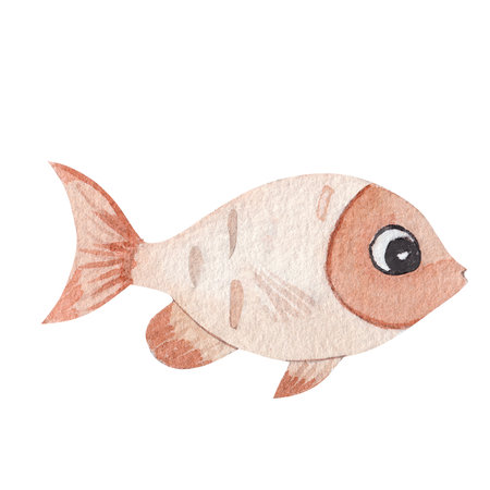 Watercolor illustration of a cute orange fish with big eyes on a white background. Hand-painted...