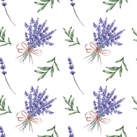 Seamless pattern with Bouquet of lavender tied with beige ribbon and bow. Rustic style. Watercolor illustration of purple flowers isolated on white background. Fragrant herbs.の写真素材