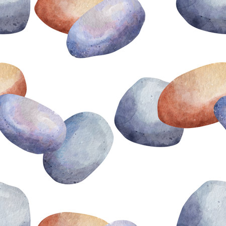 Seamless pattern of multicolored stones. Gray and orange bricks. Abstract, watercolor illustration of natural elements, white backgroundの写真素材