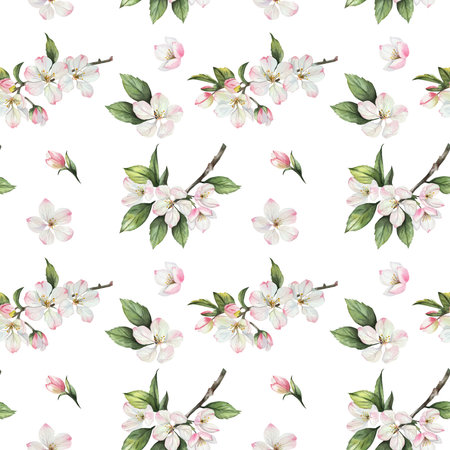 Seamless watercolor pattern with apple tree branches. Pink and white flowers with green leaves. White background. Botanical illustration of a tree, hand-drawnの写真素材