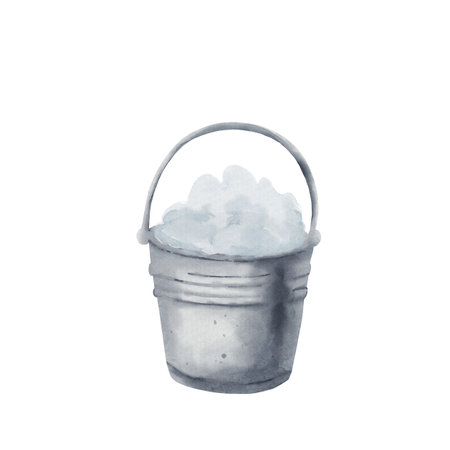Watercolor illustration of metal bucket filled with snow. Gray iron bucket on white background, symbolizing Christmas and peaceful winter daysの写真素材