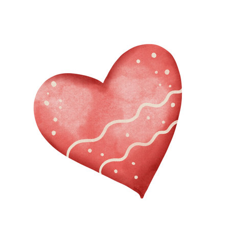 Watercolor illustration of red heart with white ornament and dots, isolated on white background. Hand drawn romantic design for Valentines Day cards, posters, and decorの写真素材
