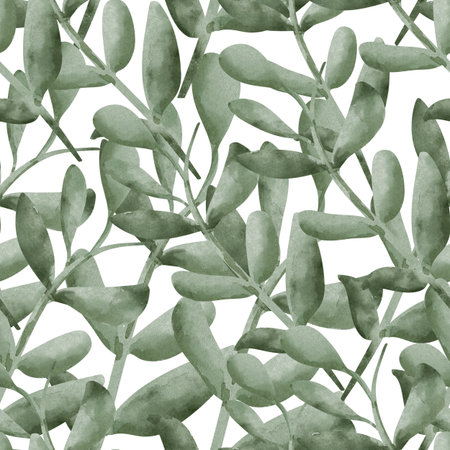 Seamless watercolor pattern with green plant branches, shrubs, white background. Botanical illustration, hand-drawn. Nature element for decoration, textiles, printing.の写真素材