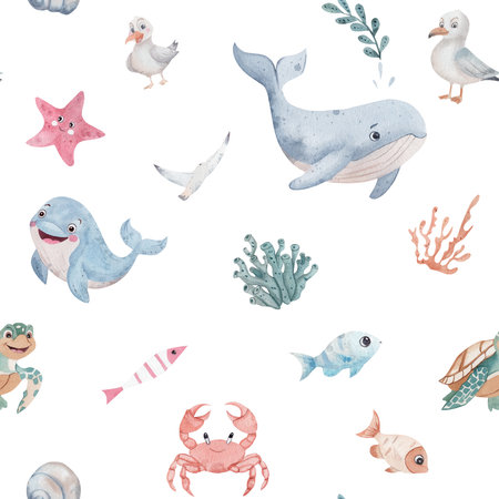 Watercolor seamless pattern with cute sea animals. Whale, crab, turtle, fish, coral, and seagulls. Marine-themed illustration in a children style, isolated on white background.の写真素材