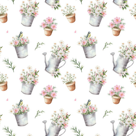 Seamless watercolor pattern with pink and white garden flowers in metal buckets, clay pots, watering cans. Apple blossom, chamomile, with small bird, butterfly. White background.の写真素材