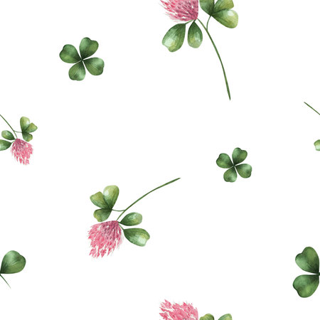 Seamless clover pattern with green leaves. Watercolor pattern, hand drawn, on white background. Botanical illustration of field herbs and flowers. Meadow plants. For decor, wedding, cards, printing.の写真素材