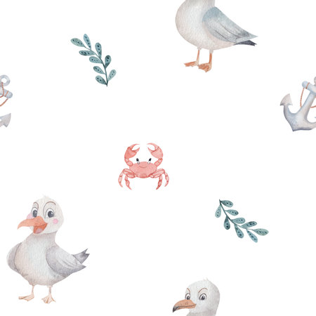 Whimsical kids nautical seamless pattern with friendly seagull, crab, anchor and green seaweed. Character watercolor illustration on white background. Cheerful design for children room decor, fabricの写真素材