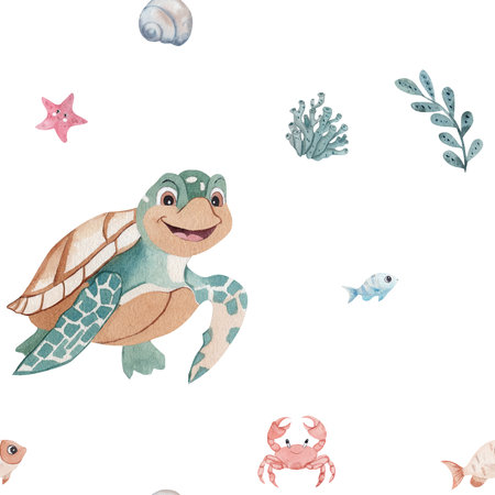 Cheerful kids seamless pattern with happy turtle, cute crab and blue fish. Hand drawn watercolor seashells and green seaweed on white background. Whimsical underwater design for nursery decor, fabricの写真素材