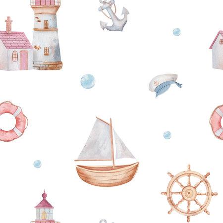 Seamless watercolor nautical pattern with lighthouse, sailboat, anchor, lifebuoy, captain hat, and ship wheel. Perfect for kids designs, fabrics, wallpapers, and summer decorationsの写真素材