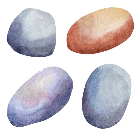 Watercolor set of illustrations smooth gray and orange stones and rocks. Hand drawn natural mineral collection on white background. Organic earthy elements for zen garden and minimalist designの写真素材