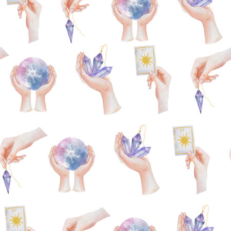 Seamless watercolor pattern with hands holding magical attributes: a crystal ball, purple crystals, a pendulum on a chain, and the Sun tarot card. Esoteric design for textiles, printing, and decorの写真素材