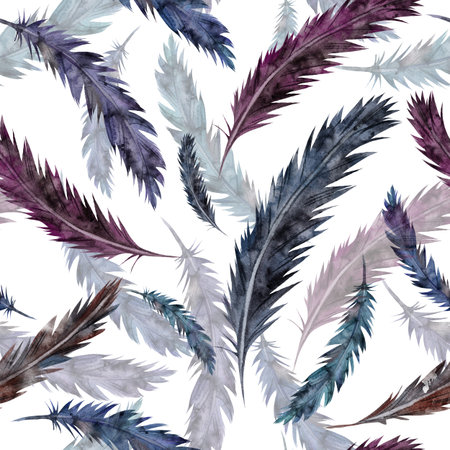 Realistic seamless watercolor pattern of dark bird feathers on white background, hand-drawn, ideal for mystical textile design, esoteric, and nature wallpaperの写真素材