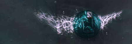 Perfume bottle under water with bubbles. Top view. Banner