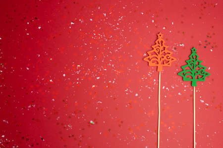 Festive background with Christmas tree toy, stars, snow. Christmas background with copyspace.の写真素材
