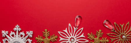 Christmas background with festive decoration, snowflake toys. Festive background with copyspace....