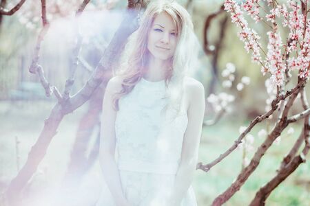 Beautiful spring blond girl in blooming tree.の写真素材