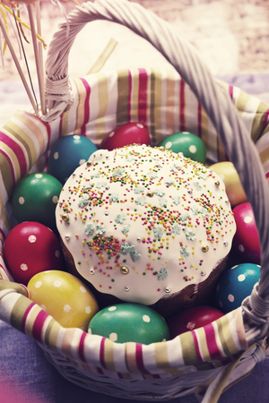 Easter cake in the basket and the polka dots eggs