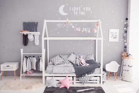 Cozy childrens bedroom in scandinavian style with diy accessoriesの写真素材
