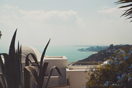 beautiful view of the mountains and bay on terrace. balcony with flowersの写真素材