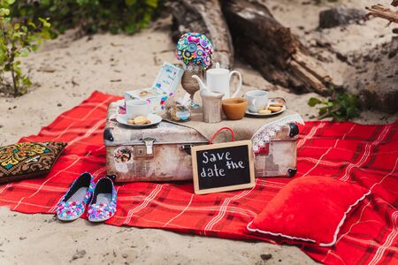 Romantic still life picnic on a beach.の写真素材
