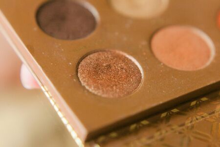 Professional pallet of eyeshadow. Multicoloured crumbled eye shadows.