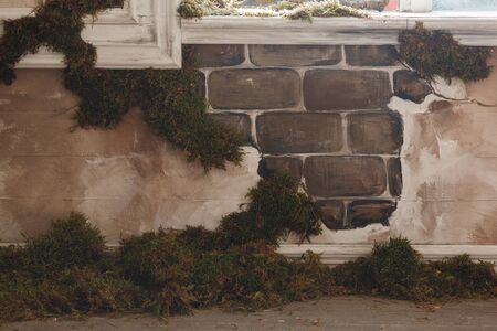 Old brick wall with moss. Indoor loft interiorの写真素材