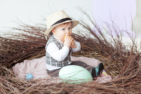 Little boy with easter eggs sitting in natural nestの写真素材