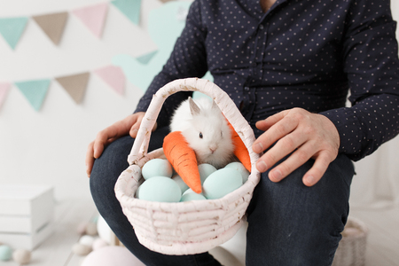Easter eggs and bunny in basket on man lapsの写真素材