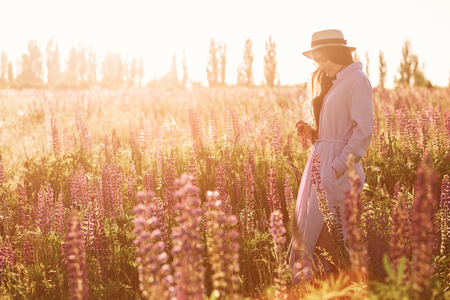 Gentle girl in stylish summer dress with beautiful straw hat walking in lupine flower field in warn sunset light. Copy spaceの写真素材