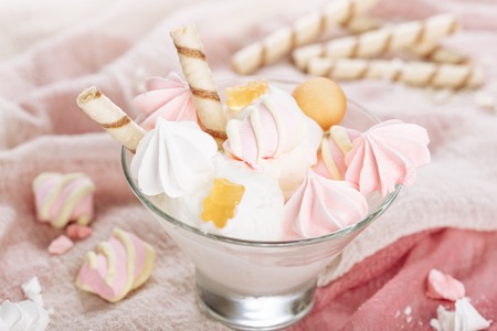 White Ice Cream Pink Vanilla Marshmallow Closeupの写真素材