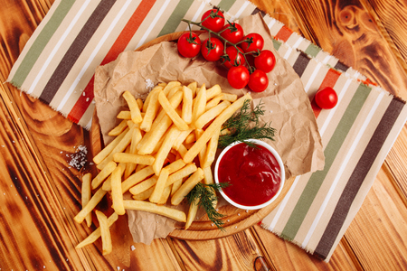 French Fries Potato Snack Ketchup Sauce Flat Layの写真素材
