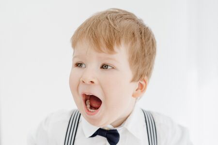 Cute Little Caucasian Boy Emotion Closeup Portraitの写真素材