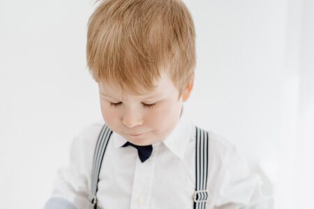 Pretty Little Caucasian Boy Child Closeup Portraitの写真素材