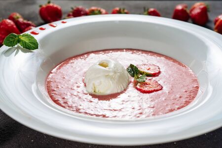 Strawberry Gazpacho Summer Meal with Ice Creamの写真素材