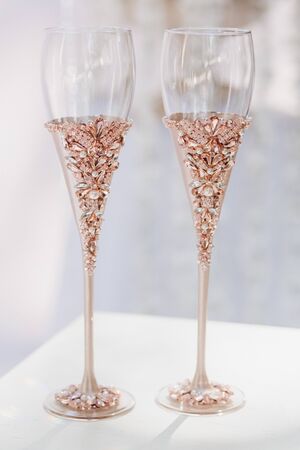 Elegant Champagne Glasses for Bride and Groomの写真素材