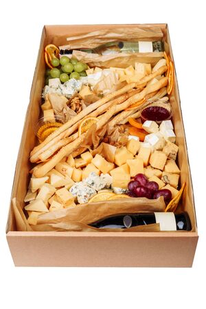 Assortment Wine Cheese Fruit Carton Box Deliveryの写真素材