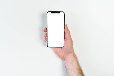 Hand Hold Blank Phone Screen White Clipping Pathの写真素材