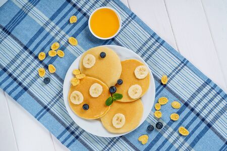 Pancake Plate Blueberry Honey Dessert Top Viewの写真素材