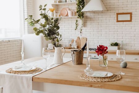 White Cozy Kitchen Table at Home Provence Interiorの写真素材