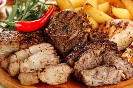Roast Beefsteak Loin Chop Fried Potato Closeupの写真素材